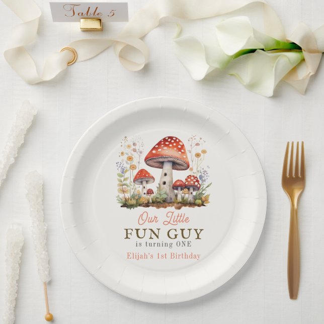 Little Fun Guy Mushroom Floral Boy Birthday Paper Plates (Wedding)