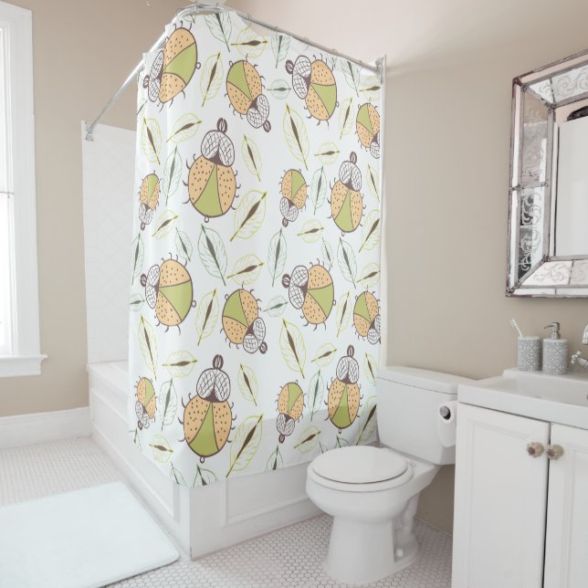 Little funny tick bug and leafs seamless pattern shower curtain (In Situ)