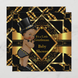 Little Gentleman Baby Shower Gold Black Ethnic Invitation