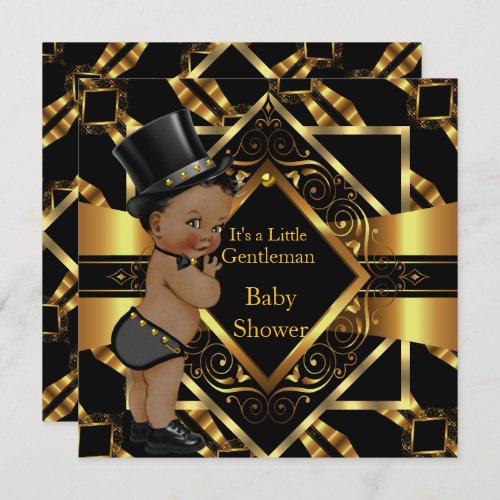 Little Gentleman Baby Shower Gold Black Ethnic Invitation