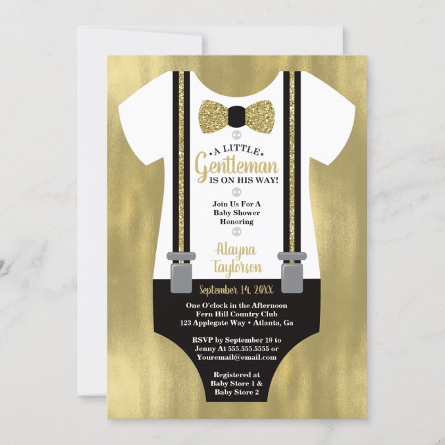 Little Gentleman Baby Shower Invitation, Faux Gold Invitation (Front)