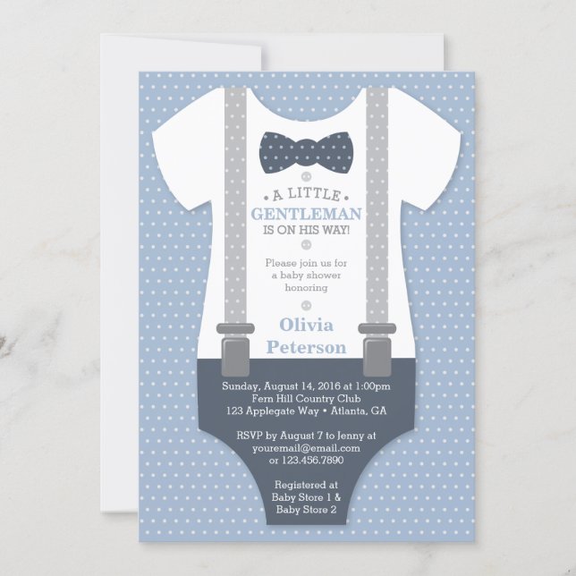 Little Gentleman Baby Shower Invite, Blue, Gray Invitation (Front)