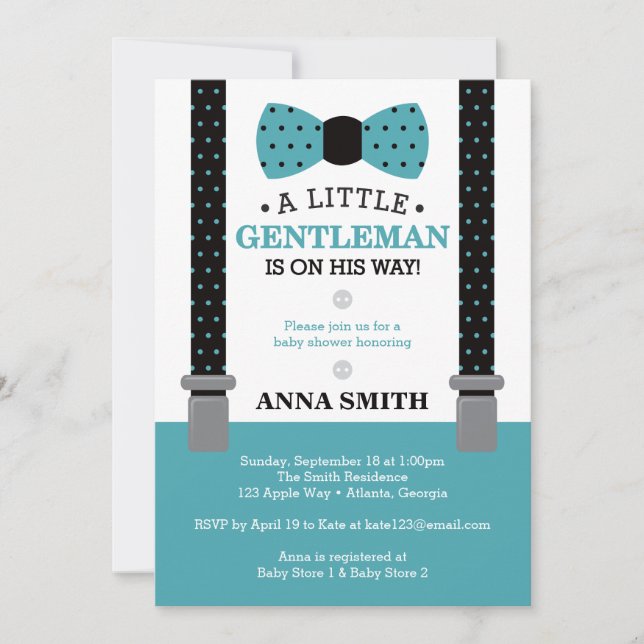 Little Gentleman Baby Shower Invite, Teal, Black Invitation (Front)