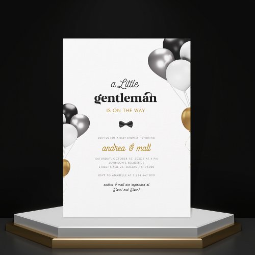 Little Gentleman Black White Gold Boy Baby Shower Invitation