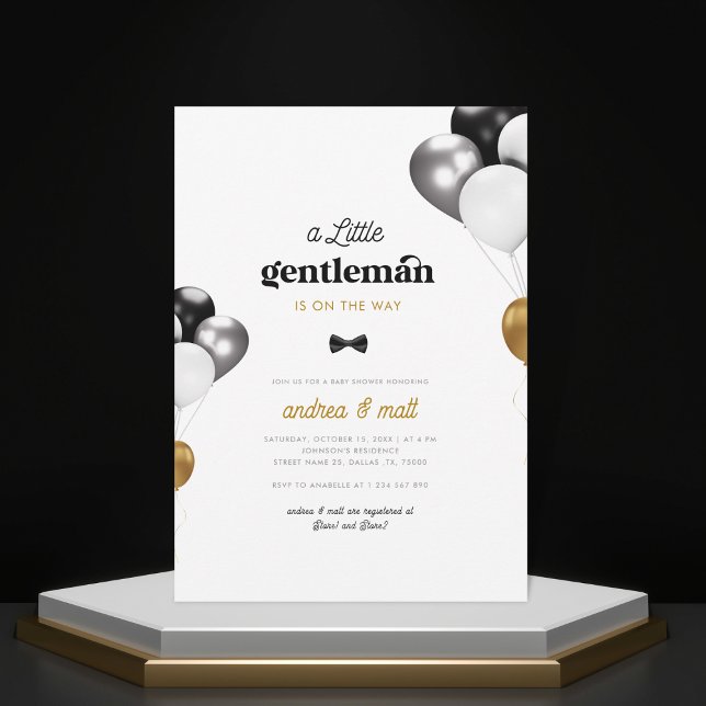 Little Gentleman Black White Gold Boy Baby Shower Invitation (Creator Uploaded)