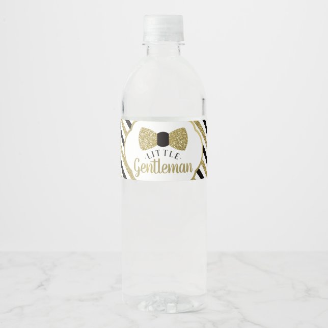 Little Gentleman Bottle Wrapper, Black, Faux Gold Water Bottle Label (Front)