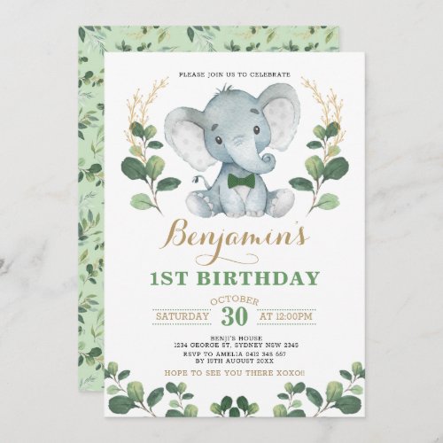 Little Gentleman Elephant Greenery Gold Birthday Invitation