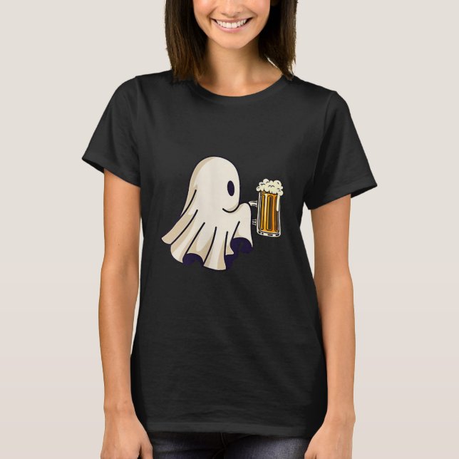 Little Ghost Drinking Beer Funny Halloween Costume T-Shirt (Front)