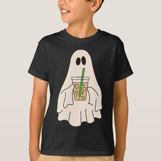 Little Ghost Drinking Iced Coffee Halloween Spooky T-Shirt (Front)