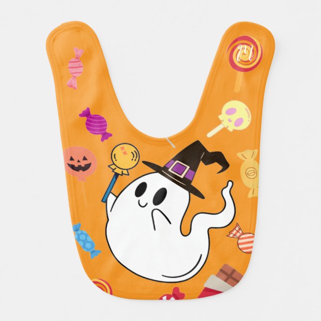Little Ghost Halloween Orange Cute Baby Monogram Baby Bib (Front)