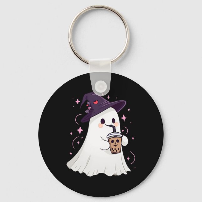 Little Ghost Ice Coffee Spooky Season Cute Ghost H Keychain (Front)