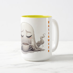 Little Ghost With Warm Coffee Cozy Autumn Mood 🍂 Two-Tone Coffee Mug