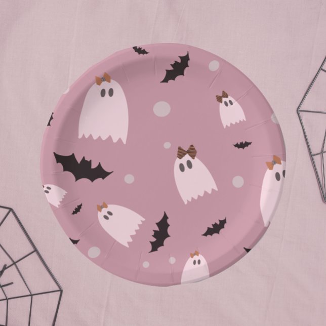 Little ghosts with bows pink Halloween  Paper Plates (Creator Uploaded)