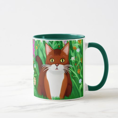 Little Ginger Brown Kitty in a Field of Flowers Mug