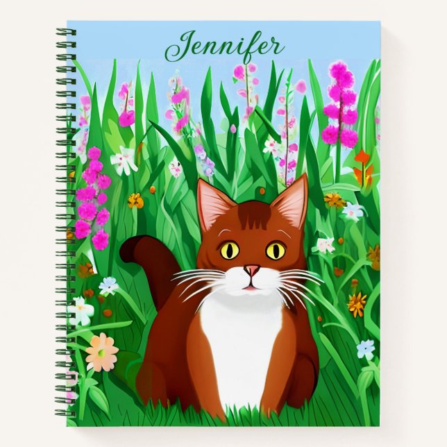 Little Ginger Brown Kitty in a Field of Flowers  Notebook (Front)