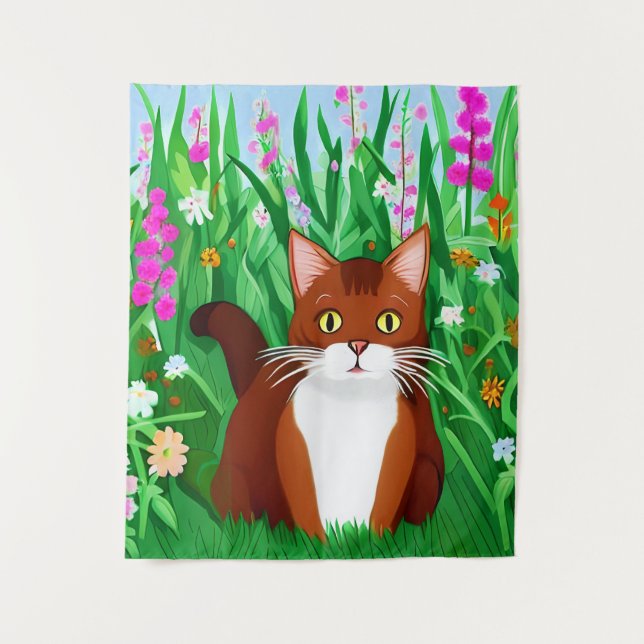 Little Ginger Brown Kitty in a Field of Flowers Tapestry (Front)