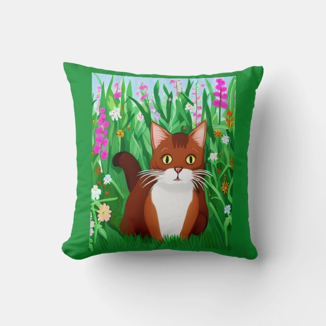 Little Ginger Brown Kitty in a Field of Flowers Throw Pillow (Front)