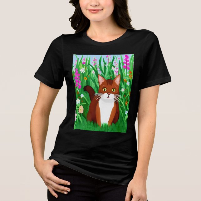 Little Ginger Brown Kitty in a Field of Flowers Tri-Blend Shirt (Front)