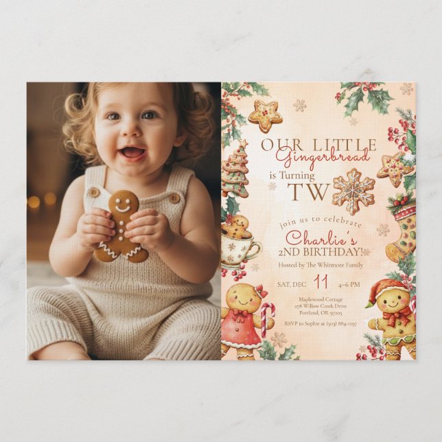 Little Gingerbread 2nd Birthday Christmas Photo  Invitation (Front)