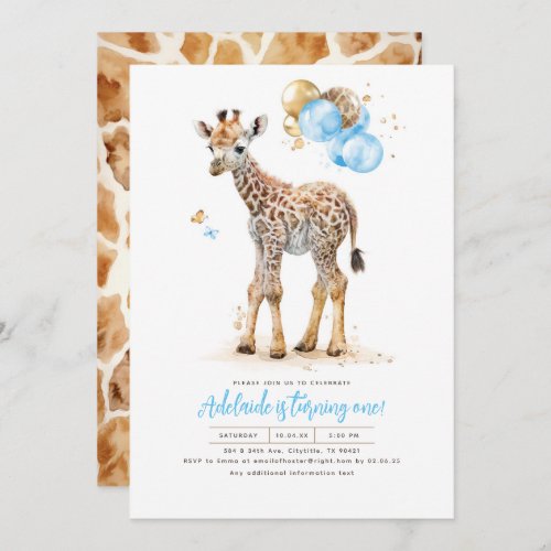 Little Giraffe Blue and Brown Boho Birthday Invitation