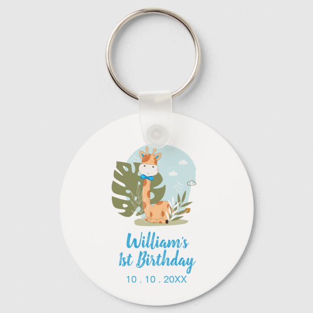 Little Giraffe (Boy Safari Animal) Birthday Keychain (Front)
