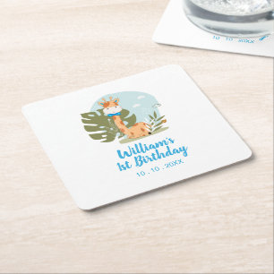 Little Giraffe (Boy Safari Animal) Birthday Square Paper Coaster