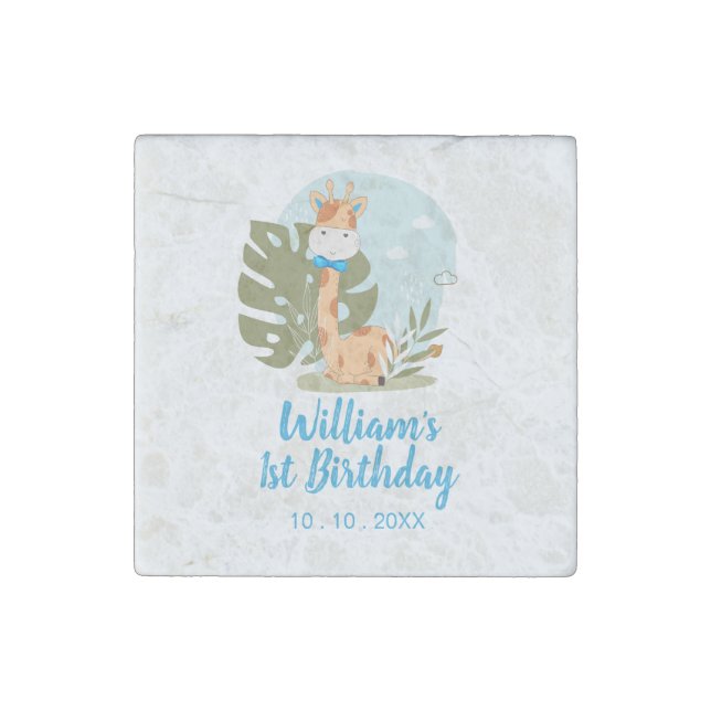 Little Giraffe (Boy Safari Animal) Birthday Stone Magnet (Front)