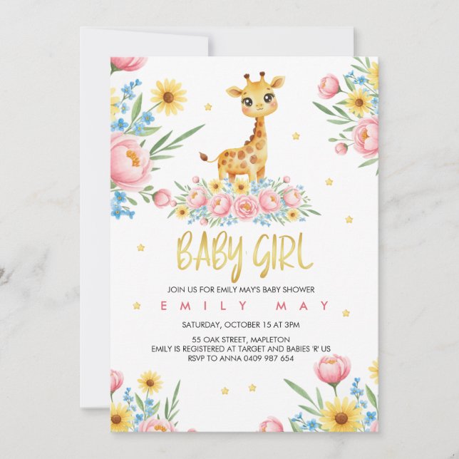 Little Giraffe Girl Baby Shower Celebration Invitation (Front)