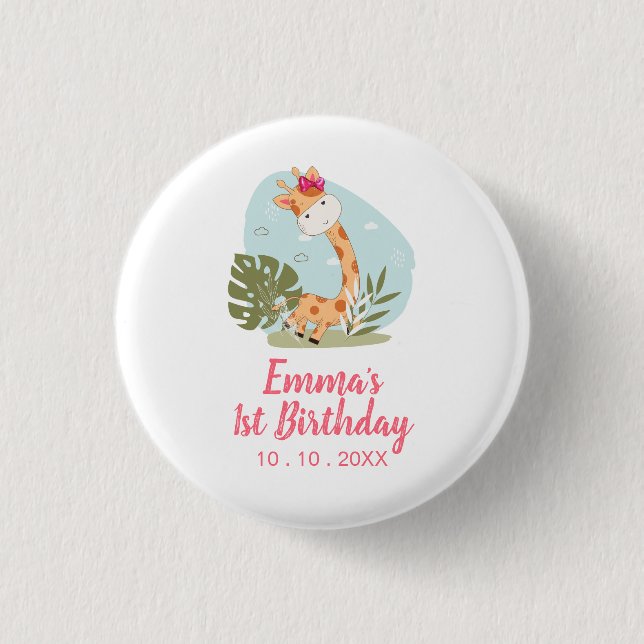 Little Giraffe (Girl Safari Animal) Birthday Button (Front)