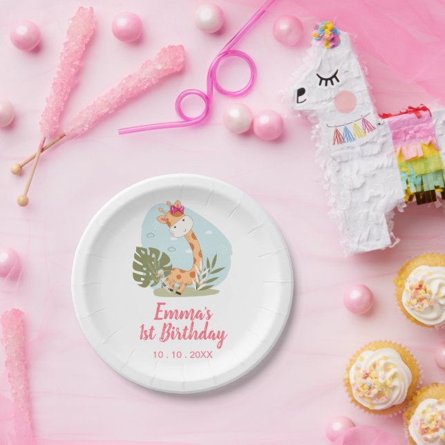 Little Giraffe (Girl Safari Animal) Birthday Paper Plates (Party)