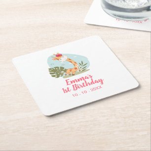 Little Giraffe (Girl Safari Animal) Birthday Square Paper Coaster