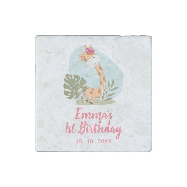 Little Giraffe (Girl Safari Animal) Birthday Stone Magnet (Front)
