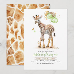Little Giraffe Green and Brown Boho Birthday Invitation