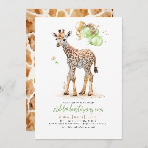 Little Giraffe Green and Brown Boho Birthday Invitation