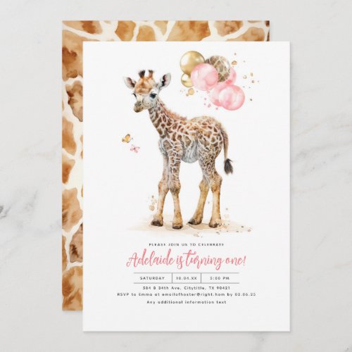 Little Giraffe Pink and Brown Girls Birthday Invitation