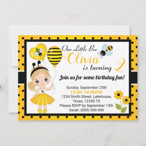 Little Girl 2nd Birtday Invitation in Bee Style