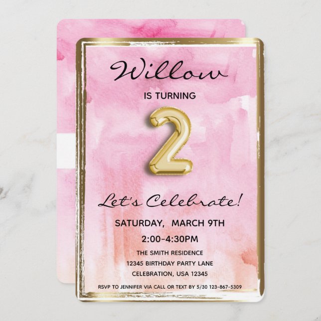 Little Girl 2nd Birthday Pink and Gold Invitation (Front/Back)