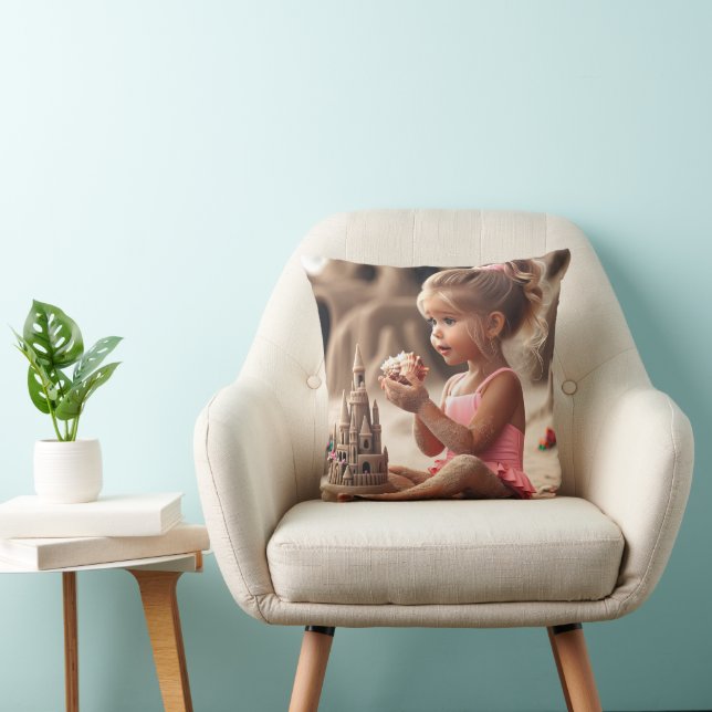 Little Girl Admiring a Seashell Throw Pillow (Chair)