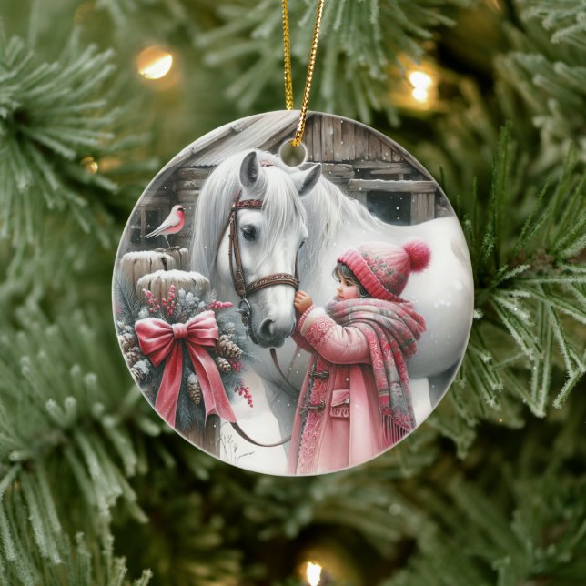 Little Girl and a Horse Rustic Farm Christmas Ceramic Ornament (Tree)
