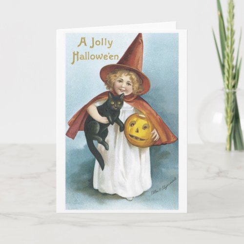 Little Girl and Black Cat Jolly Halloween Card