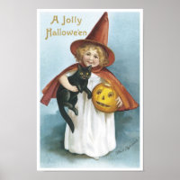 Little Girl and Black Cat Jolly Halloween Poster