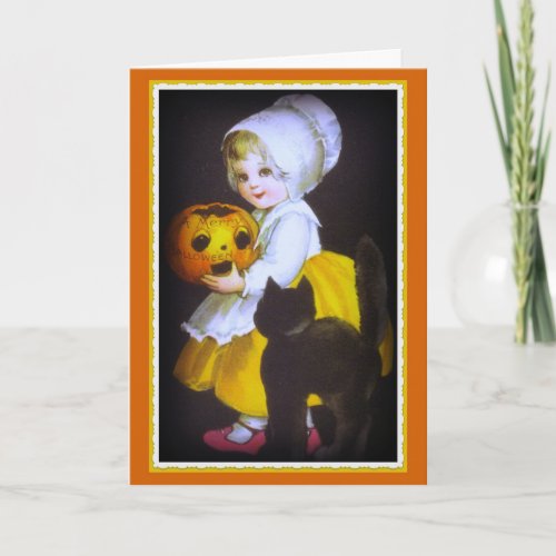 Little Girl and Black Cat Vintage Halloween Card