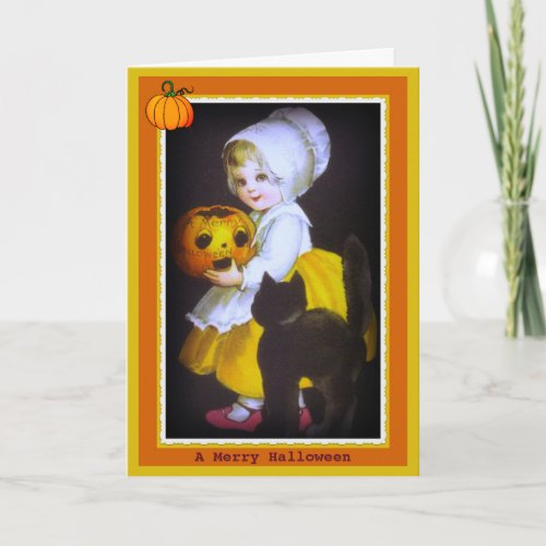 Little Girl and Black Cat Vintage Halloween Card