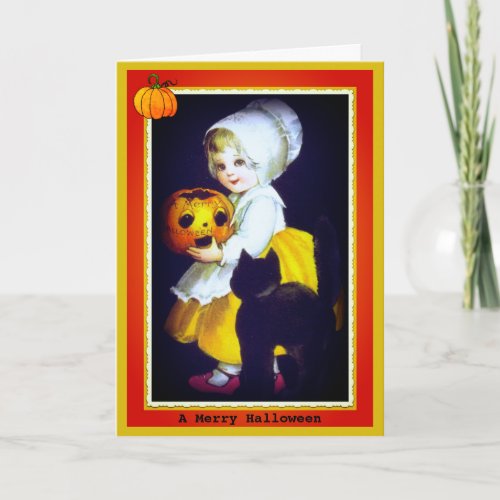 Little Girl and Black Cat Vintage Halloween Card