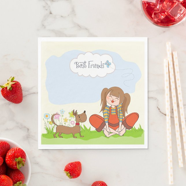 Little Girl and Brown Dog Best Friends Napkins (Creator Uploaded)