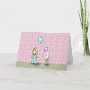 Little Girl and Bunny With Balloons Birthday Card