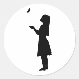 Little Girl And Butterfly Silhouette Child Nature Classic Round Sticker