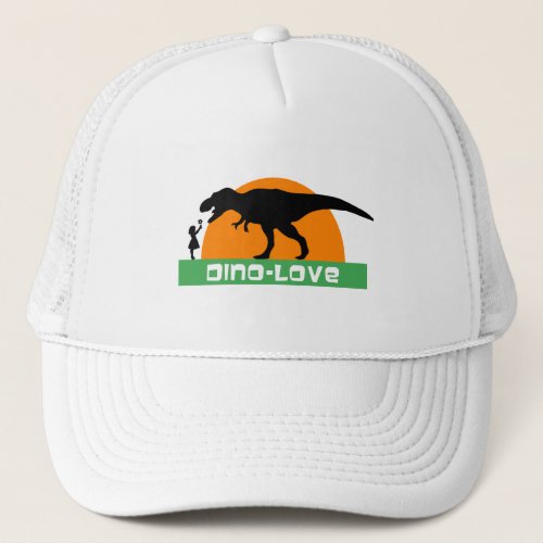 Little girl and dinosaur trucker hat