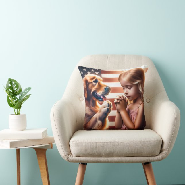Little Girl and Golden Retriever Praying Throw Pillow (Chair)