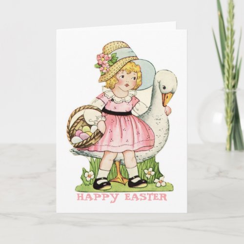 Little Girl and Goose Happy Easter Card